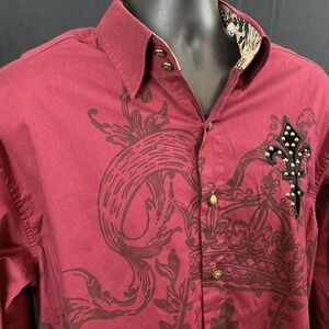 Lamasini Jean Co Men's L Burgundy Embellished Front and Back Fleur de Lis